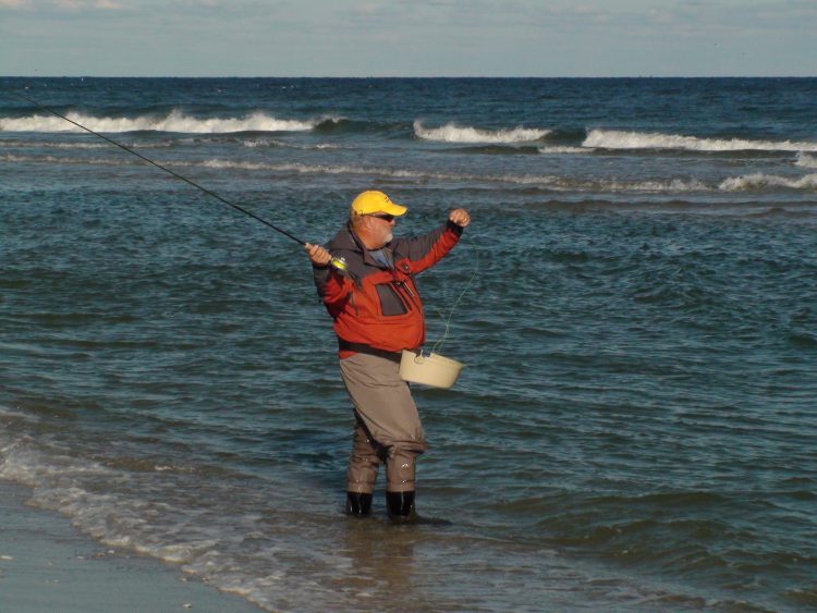 Bob Popovics says to be aware of the current, breeze, and beach structure while fly-casting.