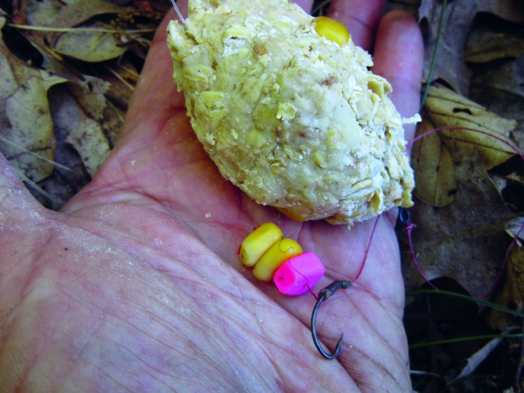 A method ball is packed around the sinker. As this rests on the bottom, the chum dissipates, forming a ring of bait around your hook bait.