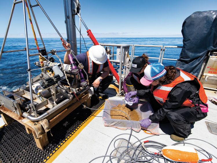 Researchers sample bottom sediment