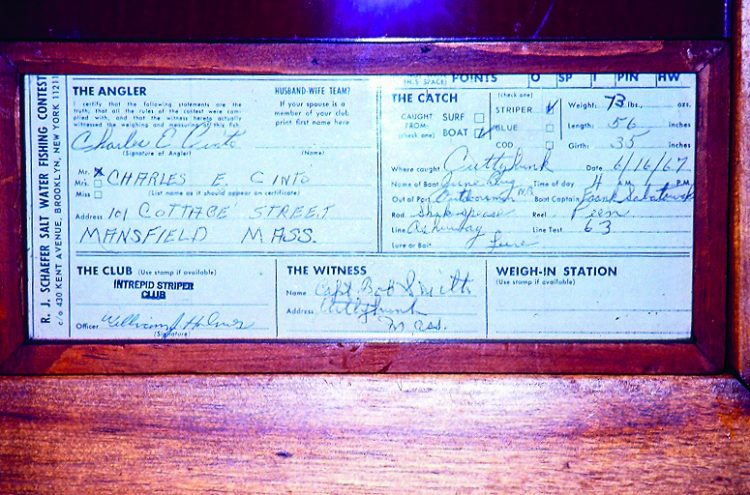 This is the original R.J. Schaefer Contest affidavit filled out by Charlie Cinto, Captain Bob Smith, and Captain Frank Sabatowski on June 16, 1967, for the first modern-day 70-pounder taken in 54 years.