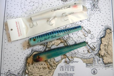 A Goo-Goo Eye plug signed by Charlie Cinto was part of his ticket to the 73-pound striper he bested while trolling with Capt. Frank Sabatowski on Sows and Pigs reef on June 16, 1967.