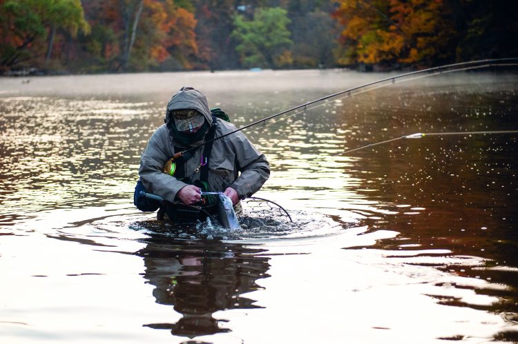 Steelhead stick to the river channel and deeper water found there, so successful anglers must wade to get within casting range.