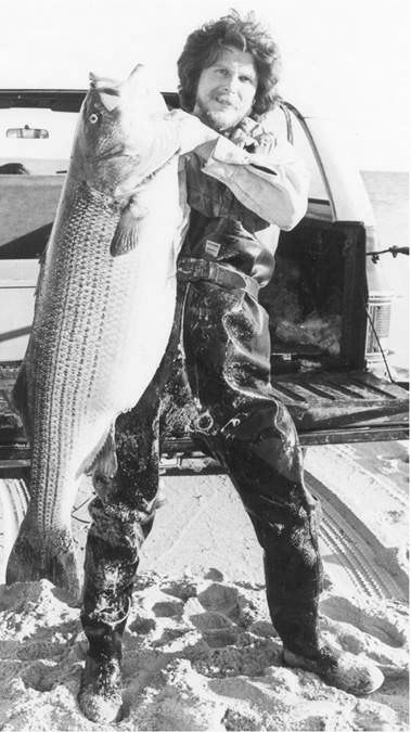 Tony Stetzko with the 73-pound striper he caught off a Cape Cod beach on November 3, 1981. The author broke that story after he received a call from Stetzko's longtime fishing partner, Tony C., who owned the BASS RUN tackle shop on the lower Cape, where he tied the Black Beauty dropper fly this specimen ate that was fished ahead of a live eel.