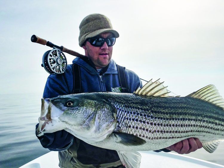 John Bentley left the conventional gear at the dock on a trip with Captain Greg Cudnik, and he was rewarded with this big fly rod striper.