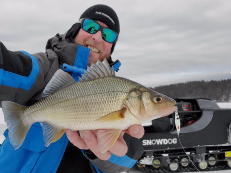 Tim Moore with white perch on ice