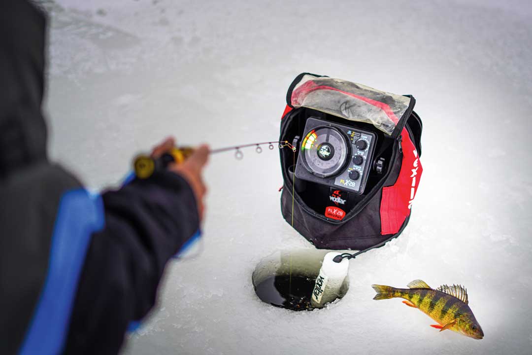Vexilar FLX-28 with yellow perch on ice