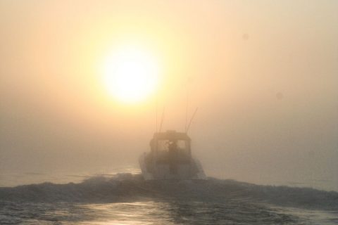 tuna boat in fog