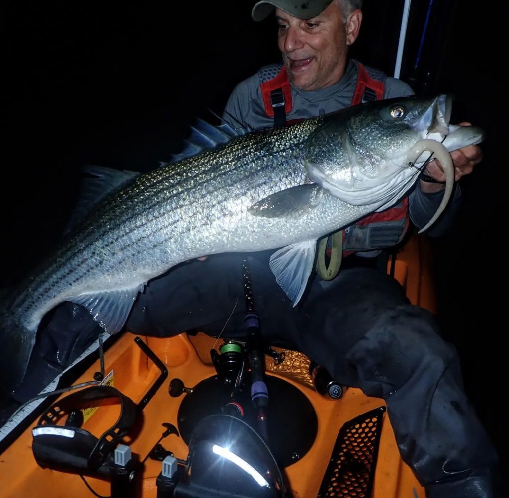Eric Harrison with big kayak striper during the fall run of striped bass