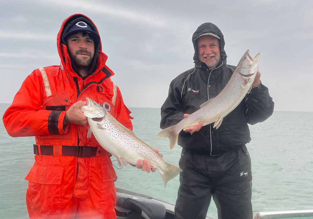 Father and son Steve Sopko brown trout and lake trout