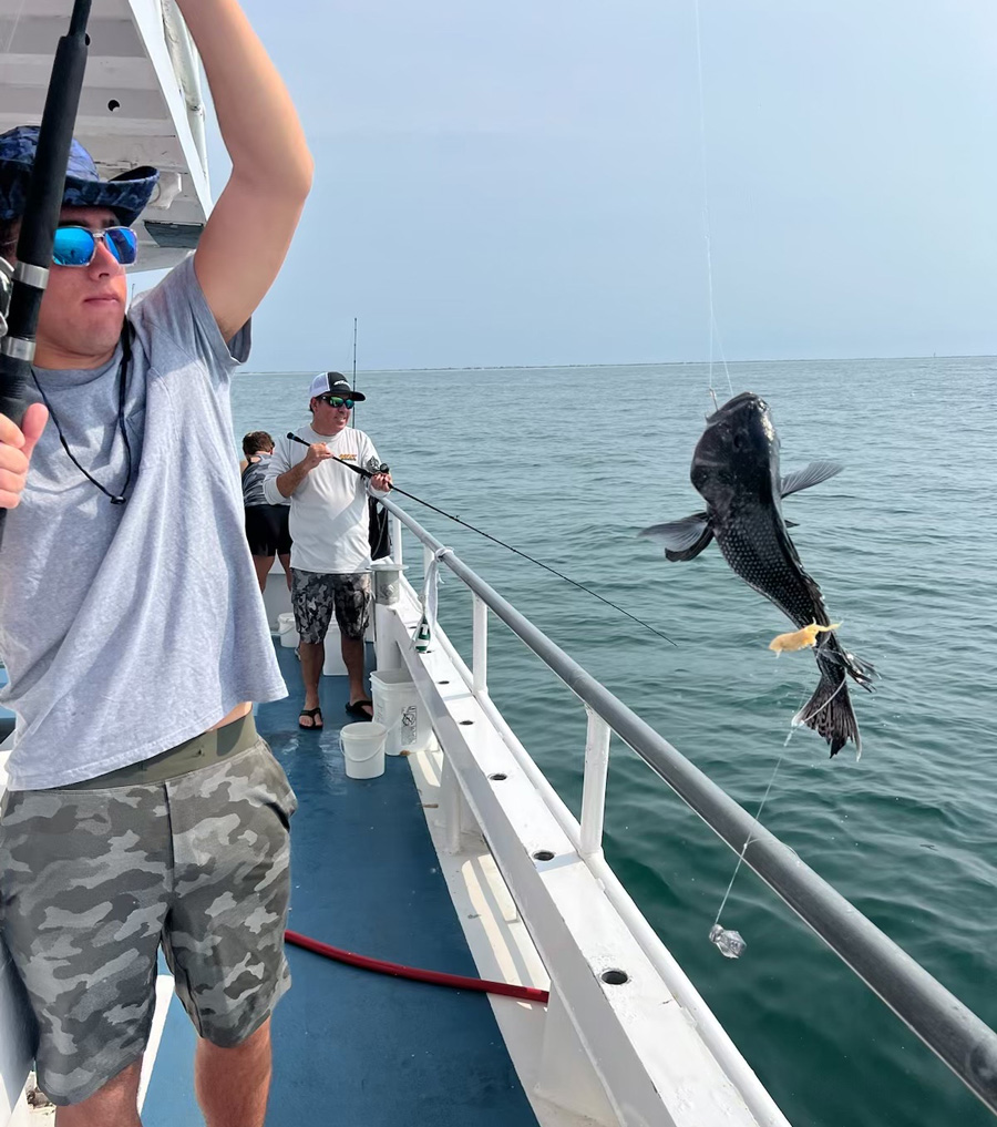 TJ pulling a nice seabass over the Captree Princess rail