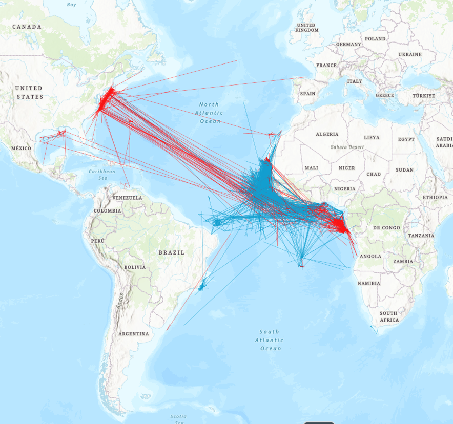 movement of tagged Atlantic yellowfin tuna