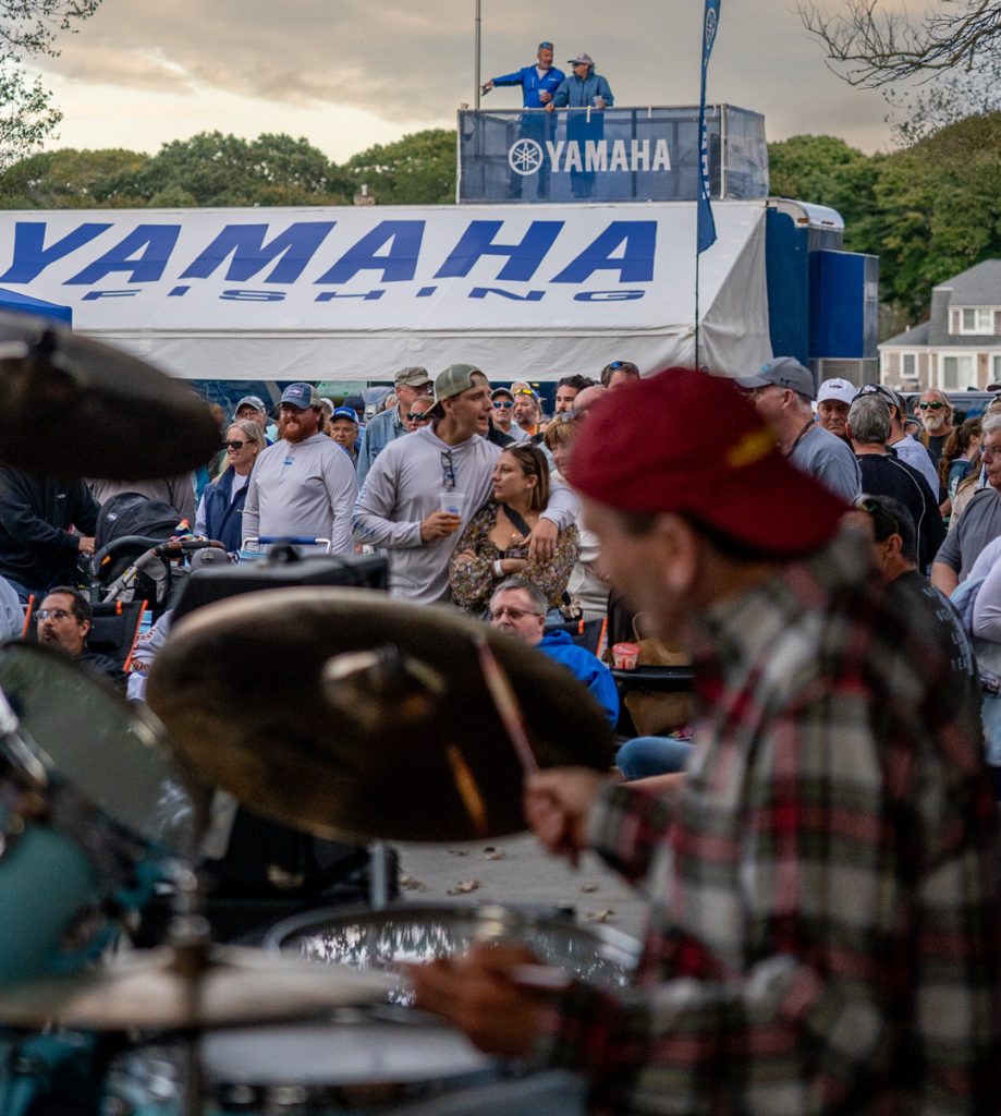 sudden relic drummer with crowd and Yamaha booth in background